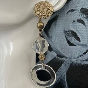 Vintage Clear Crystal Drop Earrings Gold Tone Medallion Post Style